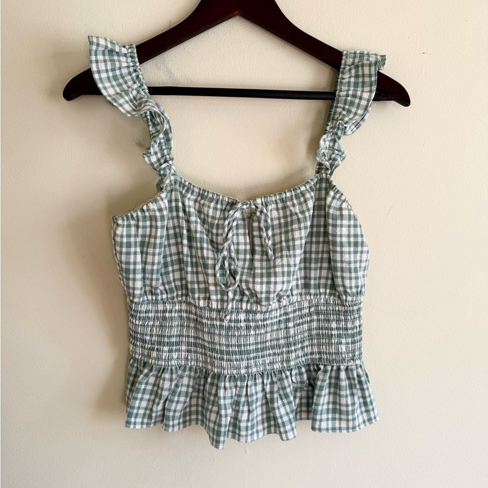 WAYF gingham checker print smock top ruffle straps